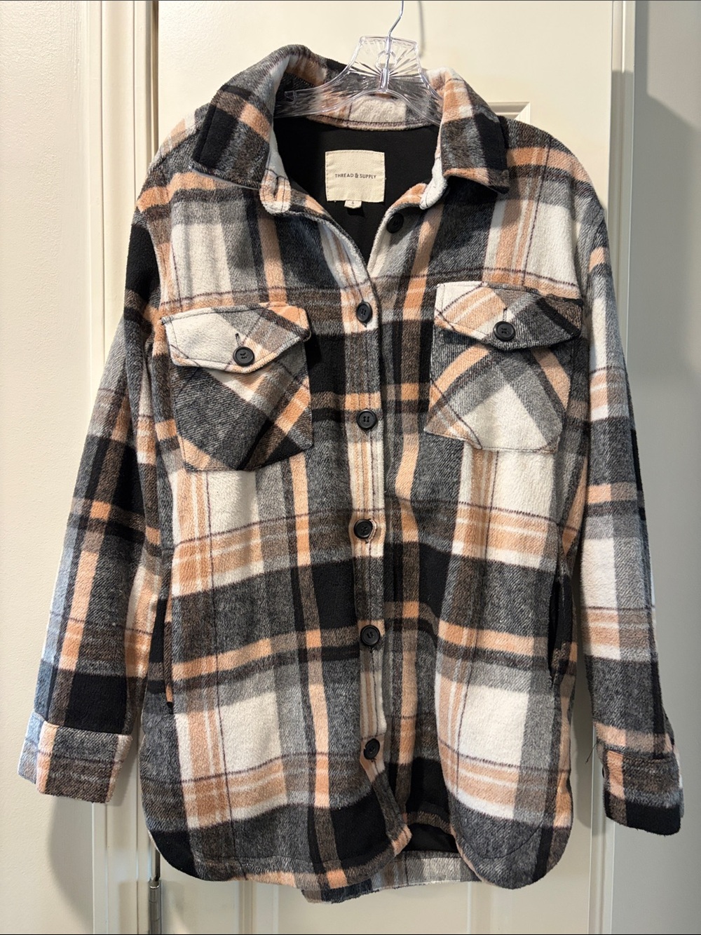 Thread & Supply Women’s Plaid Shacket Jacket - Black, Cream & Tan